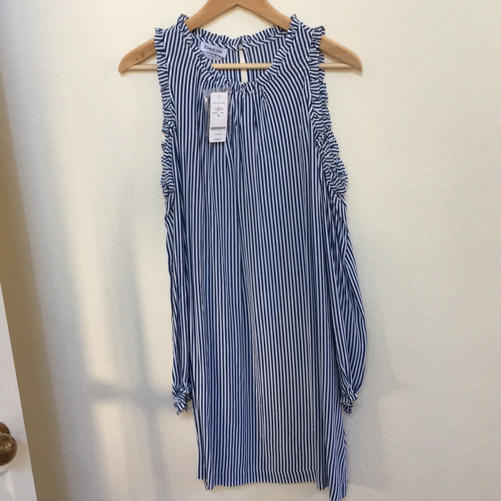 Stripe Bebe dress. Cutout shoulder, shift dress